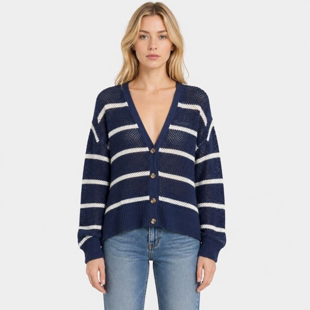 Old Navy Navy Blue Striped Open Knit Cardigan Sweater Womens XXL V-Neck Cotton